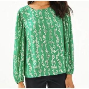 Lilly Pulitzer Miriam Silk Blouse Salty Waves Emerald Green Gold Metallic Size M